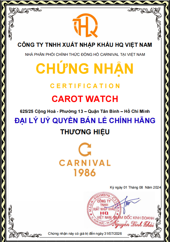 GIẤY CHỨNG NHẬN ĐẠI LÝ CARNIVAL