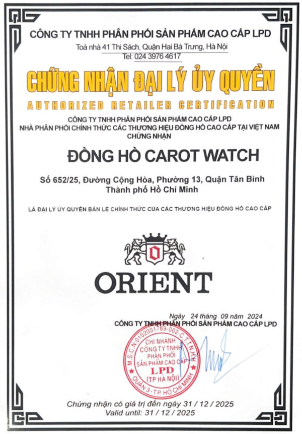 GIẤY CHỨNG NHẬN ĐẠI LÝ ORIENT